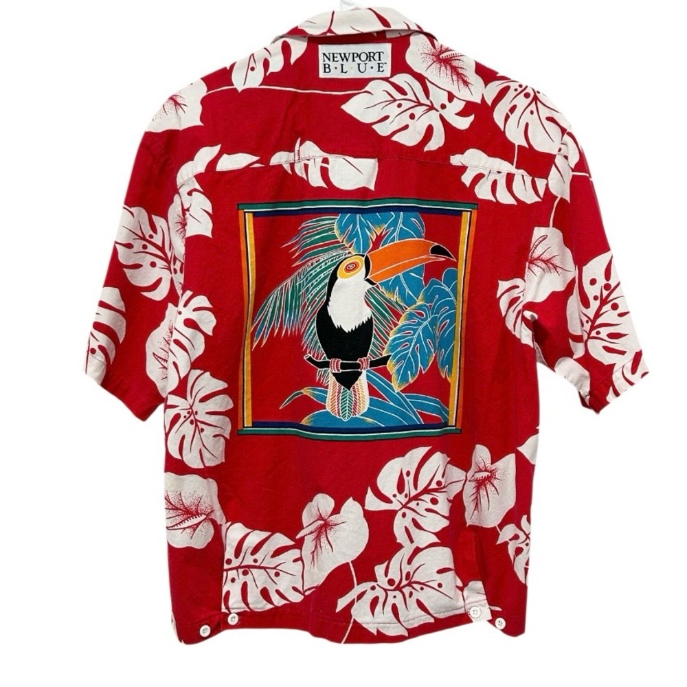 Vtg Newport Blue Red Hawaiian Toucan Floral Print Camp Shirt Mens M Button Up